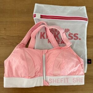 SHEFIT NWOT Ultimate Sports Bra Pink Size 1 Luxe High Impact Front Zip Wash Bag